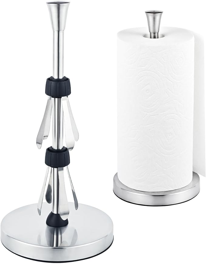 Paper Towel Holder Countertop with Suction Cups - Heavy Duty (2.9 lbs) Stainless Steel Paper Towel Dispenser, One-Hand Tear for Kitchen, Fits Standard & Mega Rolls