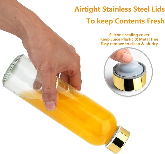 Zukro Glass Water Bottles with Lids 18 oz, Reusable Juice Bottles for Juicing, Leak Proof Juice Storage Containers for Fridge, Clear Drinking Jars With Stainless Steel Caps, BPA Free, Set of 6 Gold