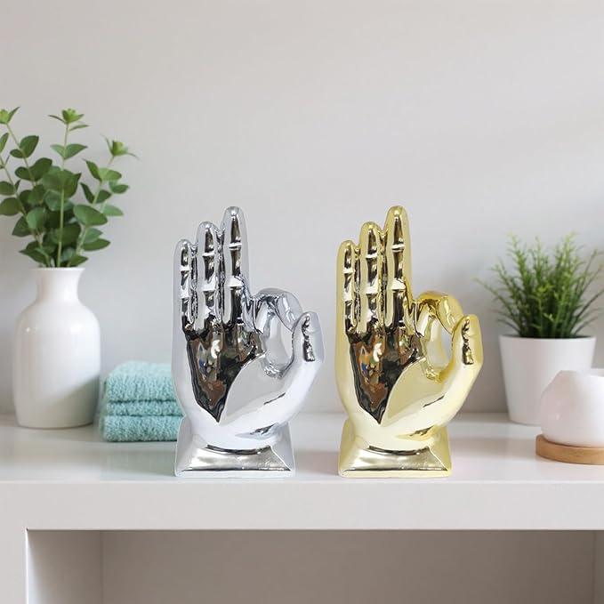 Zerzsy 2 Pack Gold Decor Finger Gesture Statues, “OK” Hands Sculpture Decor for Home Living Room Office,Sculptures Decorative Objects for Bookshelf Shelves Desk Table-Gold & Silver