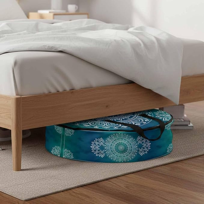 Storage Bag Teal Blue Boho Round Storage Totes Bins Closet Organizers with Zippers & Handle Gorgeous Bohemian Flower Clothes Storage Container for Bedroom Dorm Space Saving Packing Supplies Bags