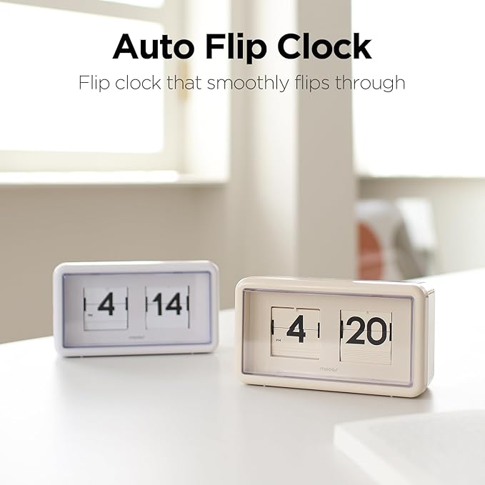 mooas Newtro Flip Desk Clock, Retro Design Auto Flip Clock, Automatic Turning Vintage Flip, Battery Powered, AM/PM, Home Décor Ideal for Home Office School Hotel Café (Cream)