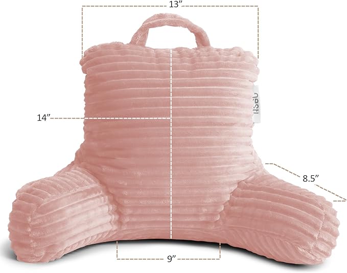 Nestl Peach Beige Reading Pillow with Bed Desk for Laptop and Writing, Luxe Cut Plush Back Pillow for Sitting Up, Back and Arms Adjustable Support for Kids and Teens, Foldable Lap Desk for Bed 19x11”
