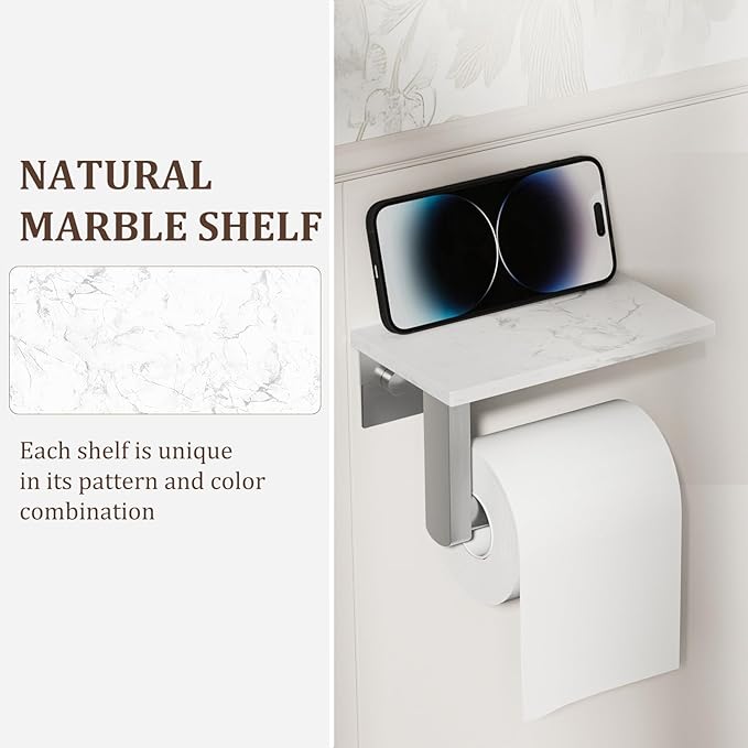 BWE Brushed Nickel Toilet Paper Holder with Marble Shelf, Toilet Paper Roll Holder Wall Mounted, Toilet Paper Roll Holder with Phone Shelf 304 Stainless Steel Tissue Holder for Bathroom Washroom