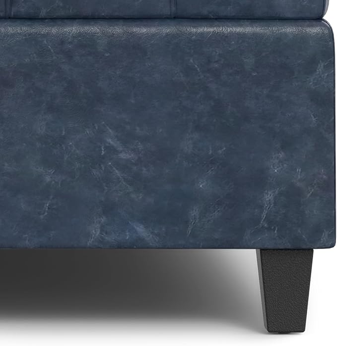 SIMPLIHOME Harrison Large Coffee Table Storage Ottoman - 40 inch Wide Upholstered Vegan Leather Square Lift-Top Ottoman in Denim Blue, Transitional Bench for Living Room with Sturdy Base