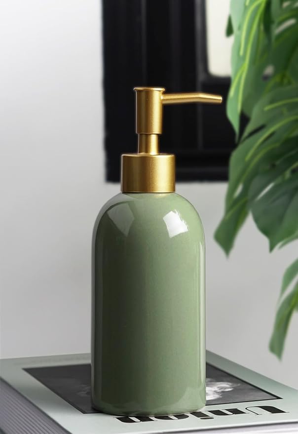 Ceramic Soap Dispenser Green with Gold Pump,Simple Design Cylindrical Lotion Dispenser Bottle,Refillable Liquid Hand Soap Dispenser for Kitchen,Bathroom,Washroom