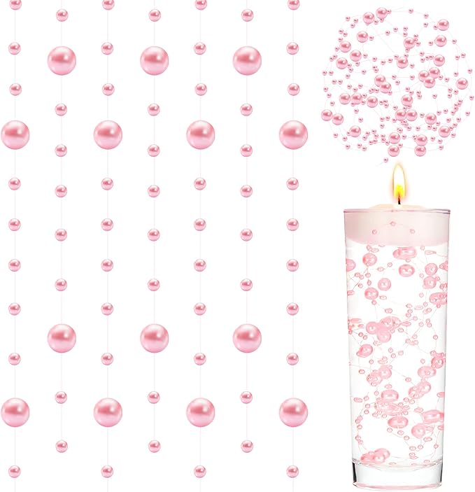 Tondiamo 24 Pcs Artificial Pearl String for Floating Candle Faux Pearls Beads String Garland Centerpiece Decoration for Vases Filler Wedding Spring Holiday Party Decor(Pink)