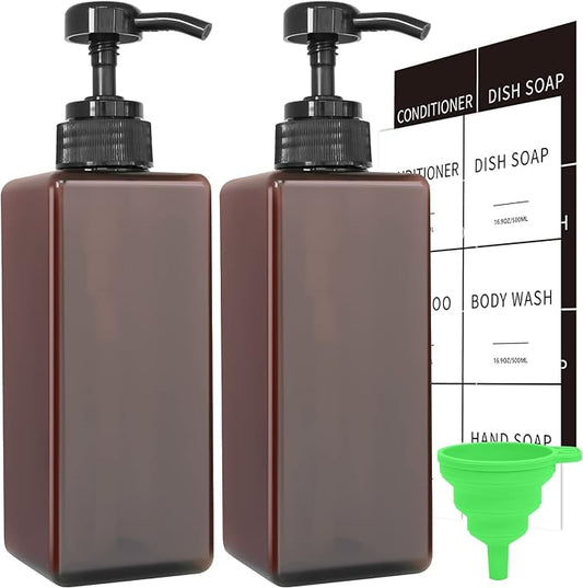 Amber Soap Dispenser with Waterproof Labels, Thickened Plastic Hand Soap Dispenser for Bathroom, Kitchen Dish Washing Liquid Bottles, Shampoo and Conditioner Bottles with Funnel (16oz 2Pack Amber)