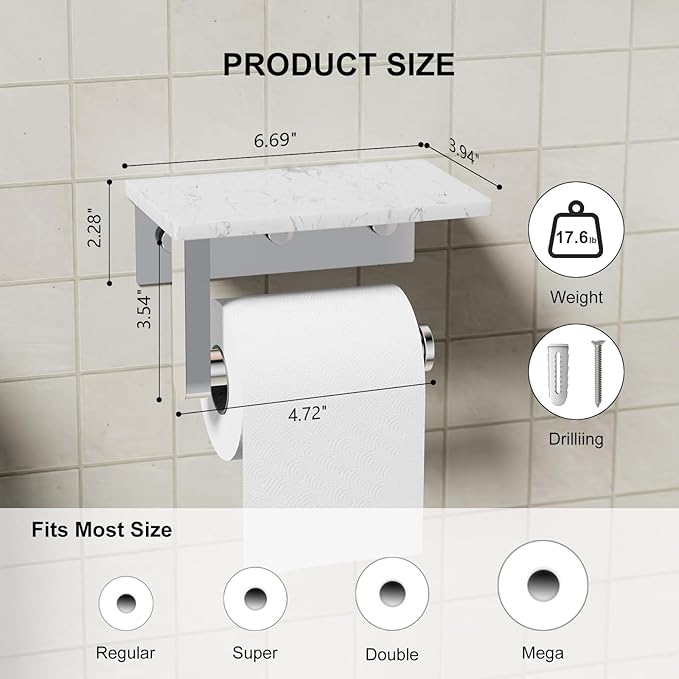 Toilet Paper Holder with Marble Shelf, 304 Stainless Steel Tissue Hand Holder Wall Mounted Toilet Paper Roll Hold with Phone Shelf for Bathroom Kitchen Washroom Bedroom, Chrome