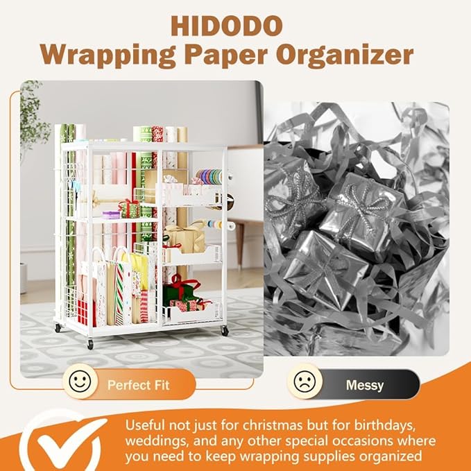 Wrapping Paper Organizer Storage with Wheels, Rolling Gift Wrap Cart with Ribbon and Gift Bag Storage, Craft Organization with 20 Roll Holders and 3 Drawers, White