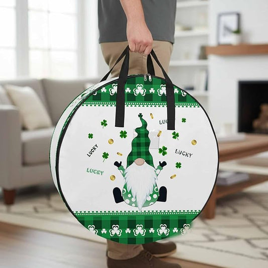 30 Inch Round Storage Bag 1 Pack,St. Patrick's Day Dwarf and Gold Coin Waterproof Wreath Storage Container with Handles&Zipper Clover Buffalo Checker Closet Organizer Bags Garland Box