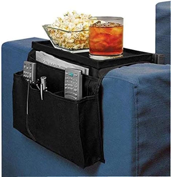 Sofa Armrest Organizer, Couch TV Remote Storage Organizer with Pockets for Recliner Armchair Snacks Glasses Smartphone Magazines Pouch (Black)