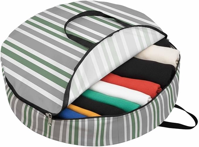 Storage Bag Sage Green Stripes Round Storage Totes Bins Closet Organizers with Zippers & Handle Grey Striped Lines Clothes Storage Container for Bedroom Dorm Space Saving Packing Supplies Moving Bags
