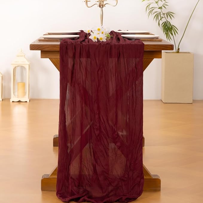 Socomi 6pcs Burgundy Red Valentine's Day Cheesecloth Table Runner Boho Rustic Gauze 120 inch 10FT Cheese Cloth Runner for Wedding Party Baby Shower Birthday Home Decor Holiday Decorations