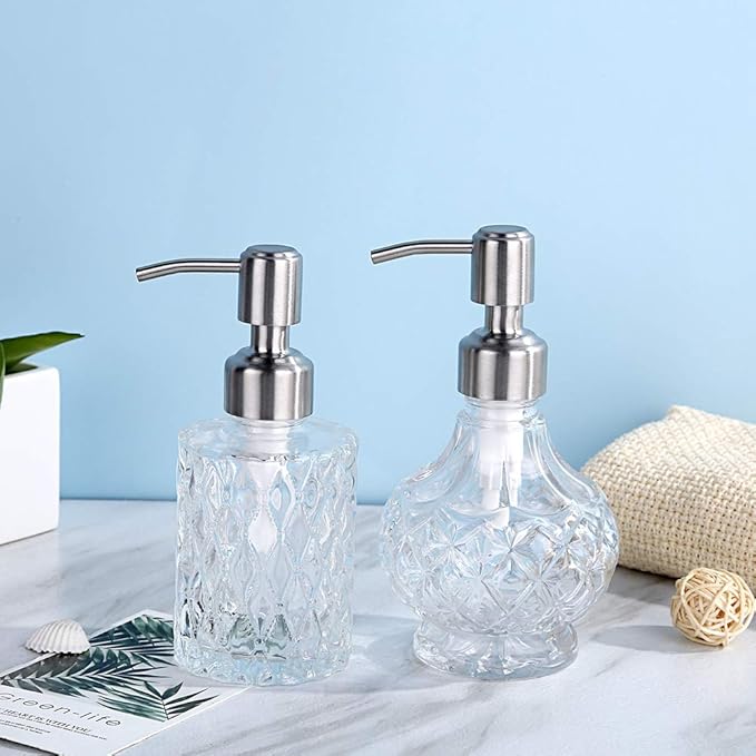 YunNasi Soap Dispenser with Stainless Steel Pump, Clear Crystal Design, Vintage and Elegant, Refillable Liquid Hand Soap Dish Soap Dispensers for Bathroom Counter, Kitchen Sink (Style 1)
