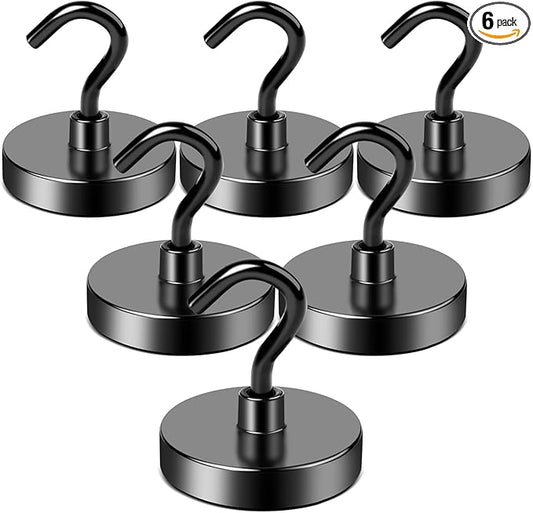 LOVIMAG Magnetic Hooks, 130LBS Strong Magnets Hooks Heavy Duty for Cruise Cabins, Black Magnet with Hooks for Refrigerator, Magnetic Hook for Ceiling Hanging, Grill, Metal Door, etc - 6 Pack