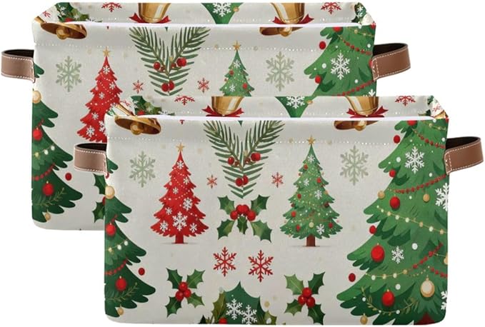 Christmas Storage Baskets with Handles, Decorative Collapsible Fabric Bins for Home Organization, Holiday Tree Pattern, 14.2x10.2x8.3 Inches