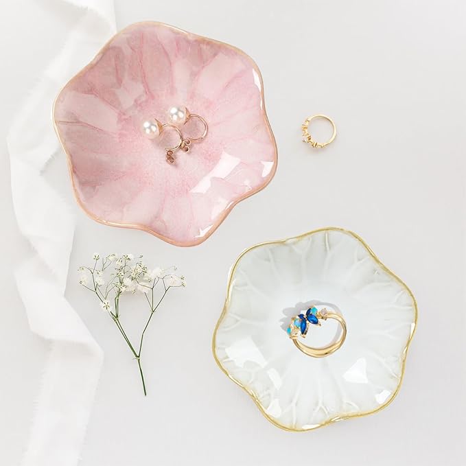 Binoster Ceramic Jewelry Dish, Jewelry Tray Key Tray,Small Ring Dish Holder Jewelry Plate Trinket Dish Catchall Tray Nightstand Decor For Table Room Decor SM (4.3 Inches, White + Pink)