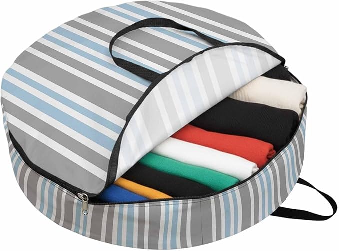 Storage Bag Blue Stripes Round Storage Totes Bins Closet Organizers with Zippers & Handle Grey Striped Lines Clothes Storage Container for Bedroom Dorm Space Saving Packing Supplies Moving Bags