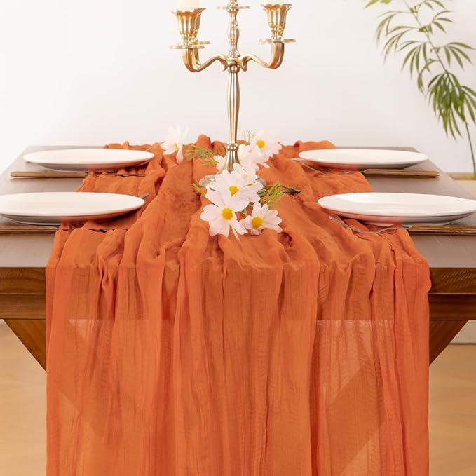 Socomi 3pcs Orange Cheesecloth Table Runner Easter Spring Boho Rustic Gauze 120 inch 10FT Cheese Cloth Runner for Wedding Party Baby Shower Birthday Home Decor Holiday Decorations