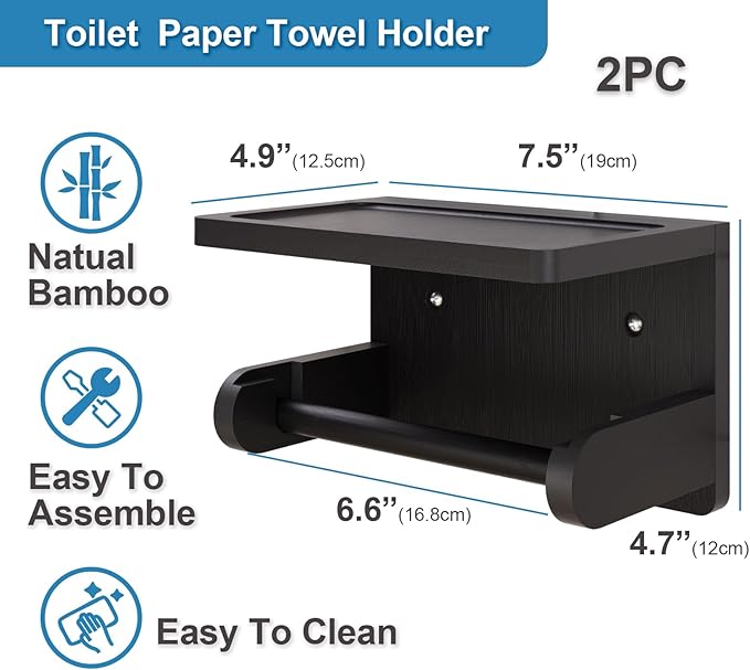 VERTORGAN 2 Pack Toilet Paper Holder with Phone Shelf,Bamboo Wall Mounted Tissue Roll Holder for Bathroom(Black)