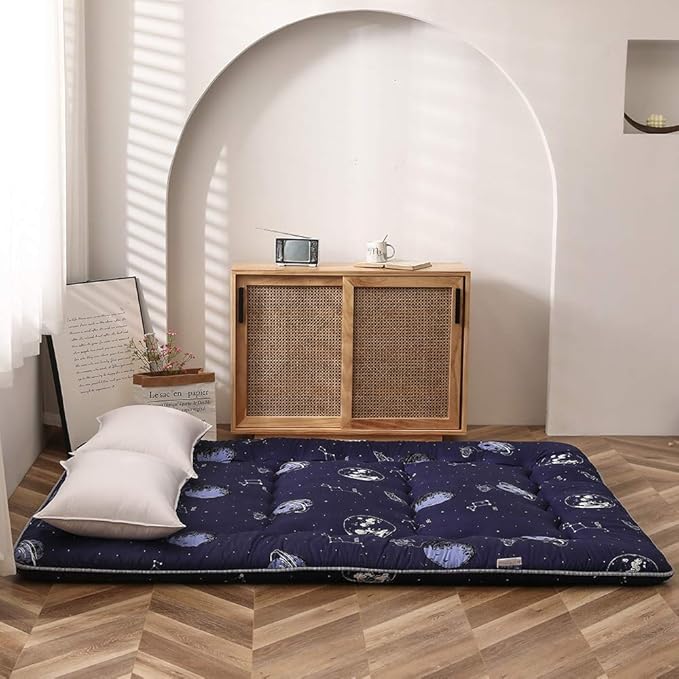 MAXYOYO Navy Space Adventure Japanese Floor Futon Mattress, Thicken Tatami Mat Sleeping Pad Foldable Roll Up Mattress Floor Lounger Couches and Sofas for Kids Full Size
