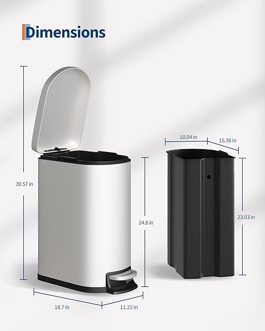 Garvee Slim 13 Gallon Trash Can with Lid, Step-on Metal Kitchen Garbage Bin with Lid & Inner Bucket, Rustproof Design, Soft-Close Lid & Rear Handle for Easy Use, Creamy White