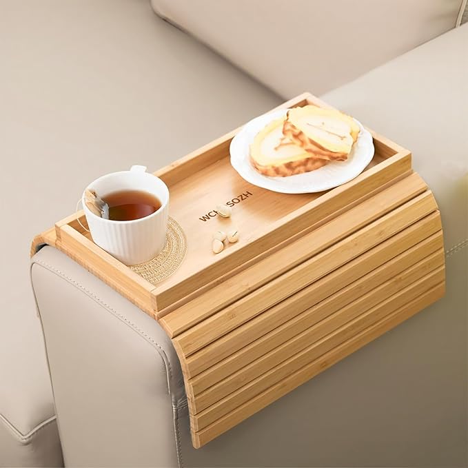 WCHOSOZH Bamboo Sofa Arm Tray with 2Pcs Cup Mats, Foldable Sofa Armrest Tray Side Table, Anti-Dropping Couch Armrest Table Cup Holder for Eats Drinks Snacks Remote Cellphone