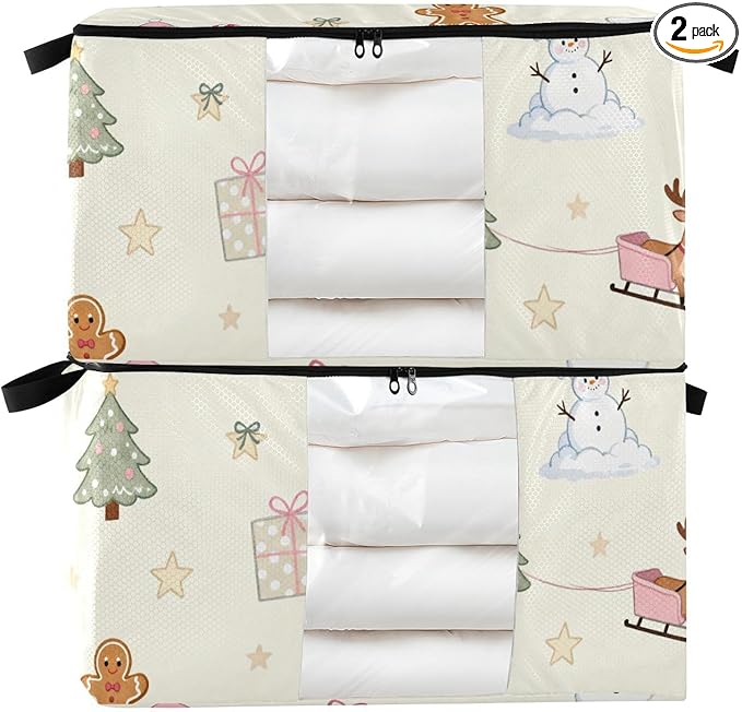 2 Pack Bed Sheet Storage Bags Stackable Storage Closet Foldable Closet Shelving Organizer Storage Box Christmas Tree Snowman Pink
