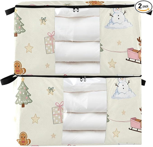 2 Pack Bed Sheet Storage Bags Stackable Storage Closet Foldable Closet Shelving Organizer Storage Box Christmas Tree Snowman Pink