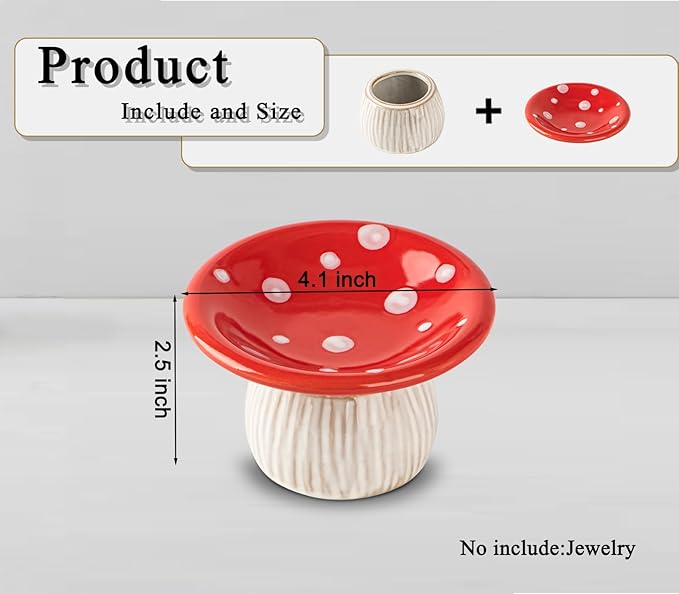 dgudgu Mushroom Ring Holder Jewelry Tray Red Dish Ceramic Trinket Storage Jar Mini Engagement Ring Holder
