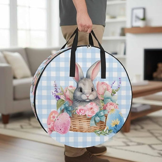 24 Inch Round Storage Bag 1 Pack,Easter Day Natural Floral Rabbit Eggs Waterproof Wreath Storage Container with Handles&Zipper Blue Colorful Check Closet Organizer Bags Garland Box