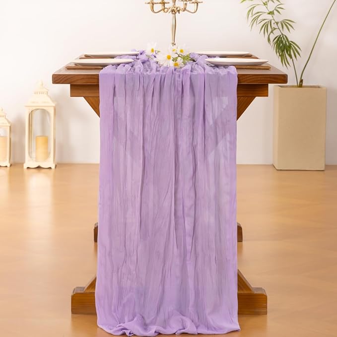Socomi 6pcs Lilac Purple Lavender Cheesecloth Table Runner Easter Spring Boho Rustic Gauze 120 inch 10FT Cheese Cloth Runner for Wedding Party Baby Shower Birthday Home Decor Holiday Decorations