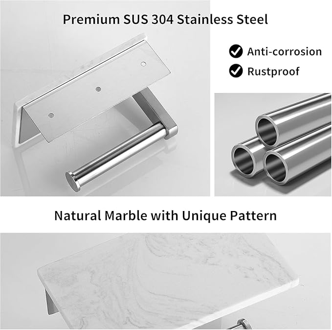 BWE Brushed Nickel Toilet Paper Holder with Marble Shelf, Toilet Paper Roll Holder Wall Mounted, Toilet Paper Roll Holder with Phone Shelf 304 Stainless Steel Tissue Holder for Bathroom Washroom