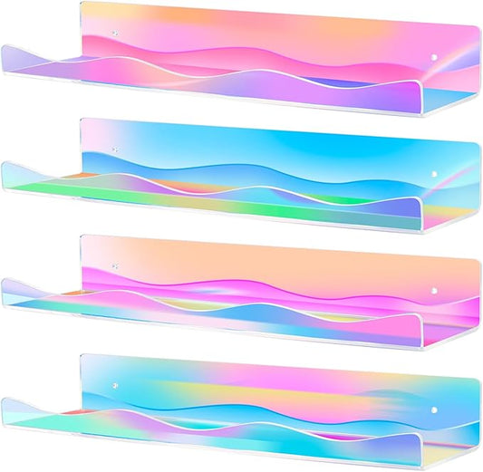 4 Pack Iridescent Acrylic Floating Shelves, 15.7" Clear Acrylic Display Shelves Bookshelf Wall Mounted, Bathroom Kids Room Home Storage Wall Decor Ledge Shelf for Skincare, Perfume, Nail Polish