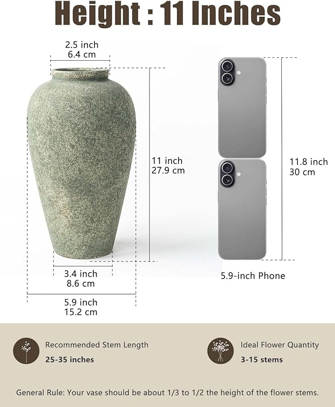 Green Ceramic Vase 11 Inch, Large Tall Decorative Vase for Centerpieces, Farmhouse Rustic Flower Vase for Home Decor, Living Room, Console, Wedding