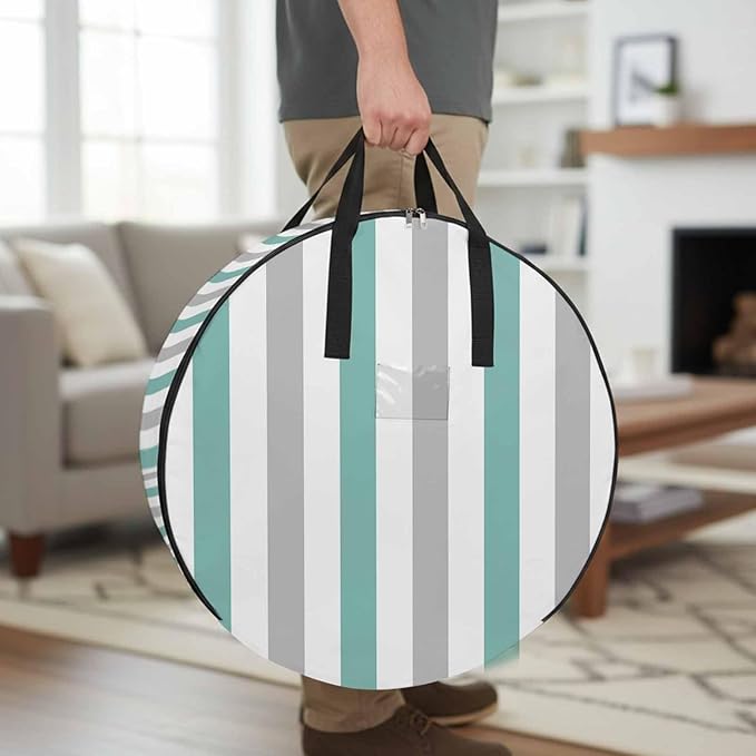 Storage Bag Turquoise Grey Stripes Round Storage Totes Bins Closet Organizers with Zippers & Handle Contrast Striped Clothes Storage Container for Bedroom Dorm Space Saving Packing Supplies Bags