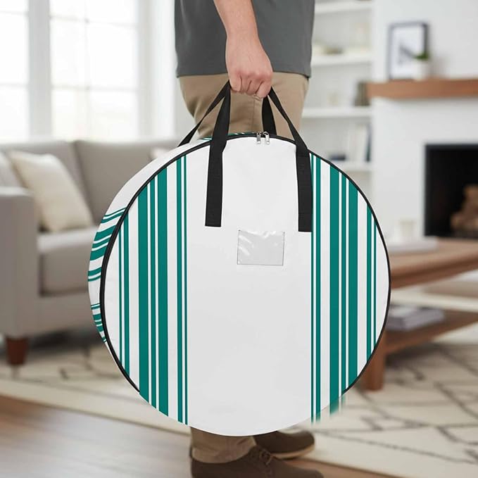 Storage Bag Teal Green Stripes Round Storage Totes Bins Closet Organizers with Zippers & Handle Simple Style Clothes Storage Container for Bedroom Dorm Space Saving Packing Supplies Moving Bags