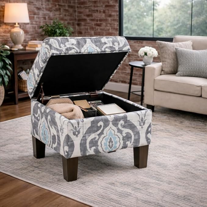 Homepop Home Decor |K7646-A750 | Upholstered Modern Rectangular Storage Ottoman | Hinged Lid Ottoman with Storage for Living Room & Bedroom, Suri Blue