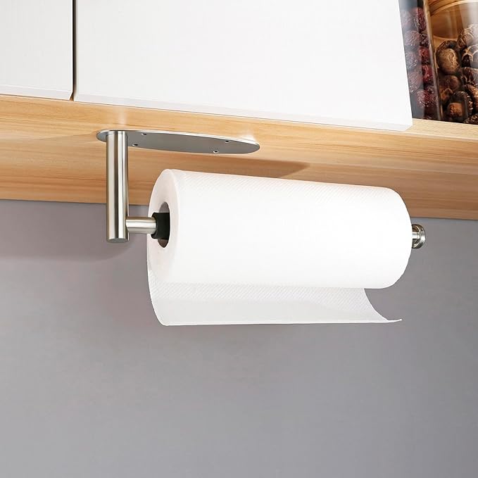 Single Hand Operable Paper Towel Holder Under Cabinet with Damping Effect, Self Adhesive Paper Towel Roll Holder Wall Mounted for Kitchen Bathroom, SUS304 Stainless Steel Brushed Nickel