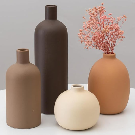Ceramic Vase Set of 4, Modern Neutral Colors Home Decor, Rustic Farmhouse Decorative Flowers Vases for Bouquet, Pampas | Table Mantel Centerpiece Bookshelf Living Room Bedroom (Neutral Mix Set of 4)