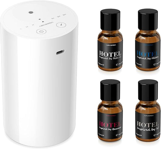Airversa Waterless Essential Oil Diffuser Starter Kit with 4 x 10mL Hotel Scent Fragrance Oil, Battery Operated Mini Scent Air Machine Portable Diffuser for Home Car Office, AN8 Kit White