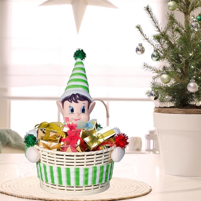 Christmas Elf Storage Gift Basket Ornament, Small Empty Xmas Box Decoration Cute Plastic Organizer Basket for Kids Elf Holder for Gift,Chocolate,Toys or Candies Christams Decor (Green)