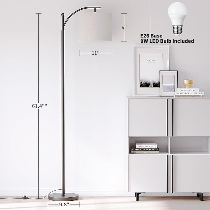 SUNMORY Arc Floor Lamp,Modern Floor Lamp with 9W 3 Color Temperatures Bulb,Metal Standing Lamps with Adjustable Hanging Lampshade,Tall Floor Lamps for Living Room,Bedroom,Office (Black)