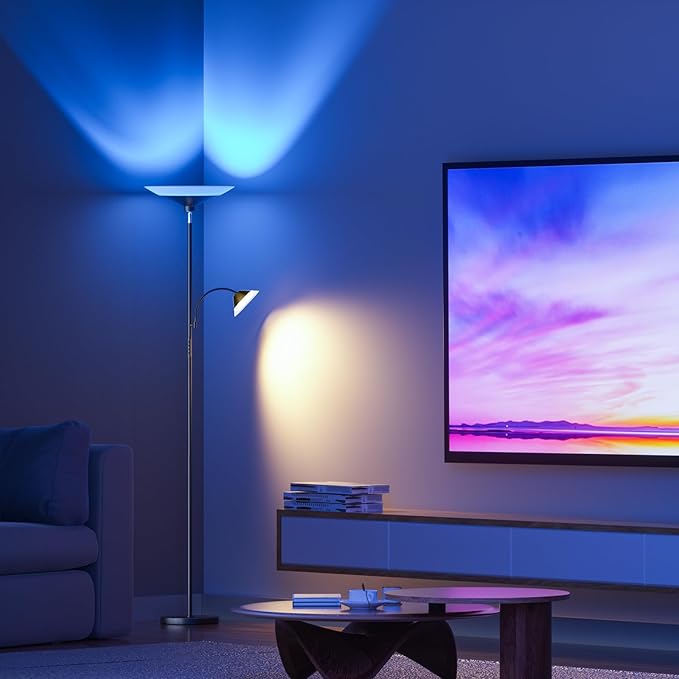 SIBRILLE RGB Torchiere Floor Lamp - 2 Way Dimmable LED Standing Lamp with Remote&Button Control, 34W Rotatable Floor Reading Light, 72'' Tall Modern Corner Lamp for Living Room Bedroom Office, Black