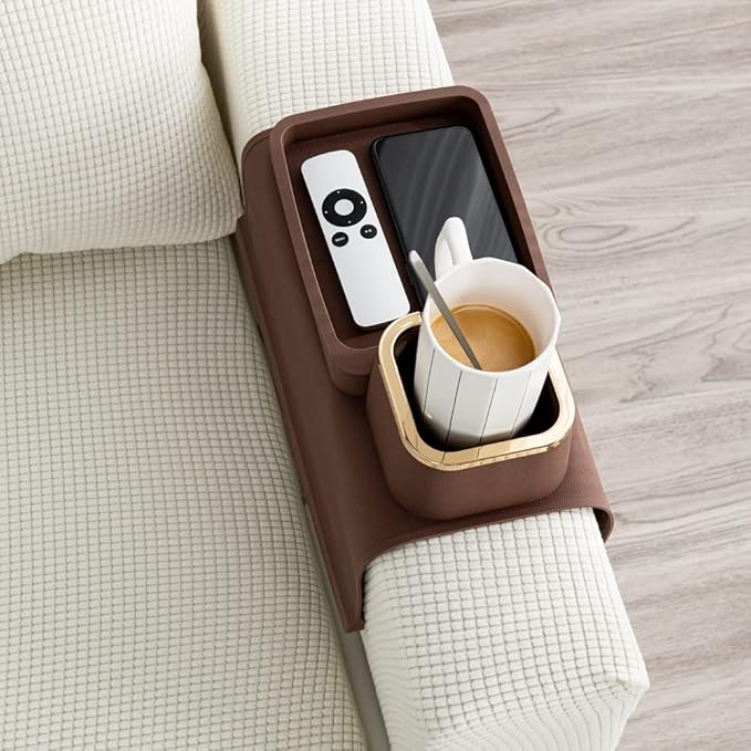 Couch Cup Holder Tray, Elimiko Silicone Anti-Spill and Anti-Slip Couch Drink Holder, Strong and Weighted Phone/Remote/Snacks Sofa Cup Holder (Brown)