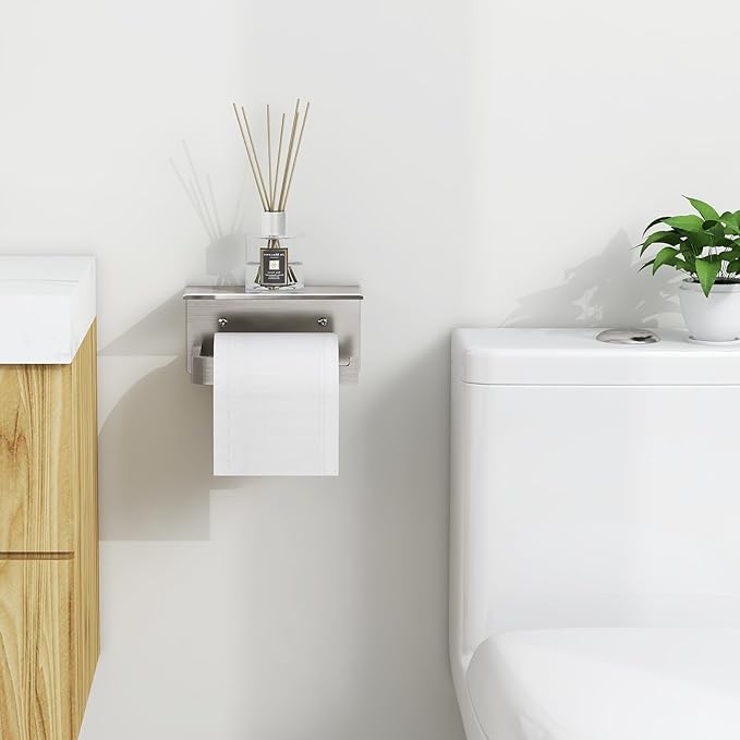 Gypie Toilet Paper Holder with Phone Shelf, Brushed Nickel Toilet Paper Holder Wall Mount, Rustproof Stainless Steel Bathroom Storage