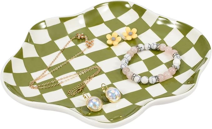 Koythin Jewelry Tray, Ceramic Jewelry Dish Trinket Tray Organizer, Checkered Pattern Aesthetic Decorative for Kitchen, Bathroom (Green Plaid)
