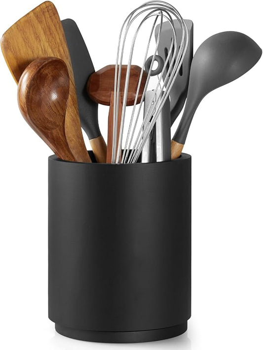Bivvclaz Wooden Utensil Holder, 360°Rotating 7.2" Utensil Holder for Kitchen Counter, Large Kitchen Utensil Holder, Cooking Utensil Crock for Countertop, Black Kitchen Decor and Accessories