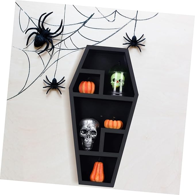 Halloween Gothic Coffin Storage Rack Unique Horror Organizer for Home Decor Decorative Shelf for Candles Books and Collectibles for Goth Decor Enthusiasts