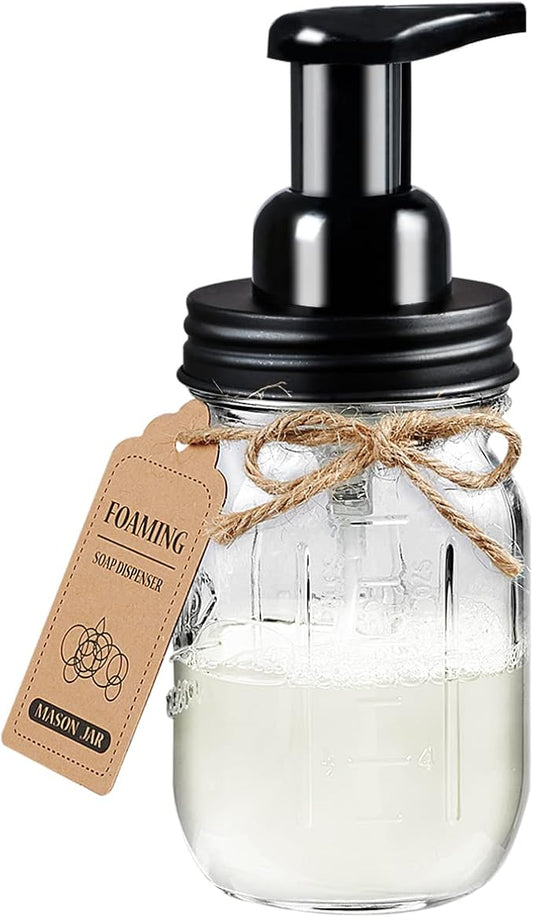 Amolliar Mason Jar Foaming Soap Dispenser, Rustproof Stainless Steel Lid,BPA Free Pump, Waterproof Labels, Rustic Farmhouse Decor, Refill Hand Soap Dispenser for Bathroom, Vanity, Kitchen, Countertop